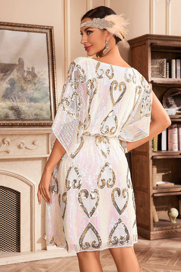 Sparkly White Boat Neck Batwing 1920s Dress with Sequins
